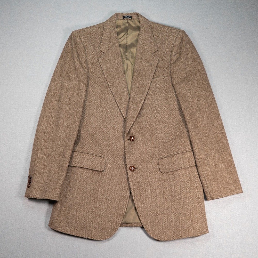 Vintage Camel Hair Wool Herringbone Blazer Brown Tailored in Japan Mens 40 42